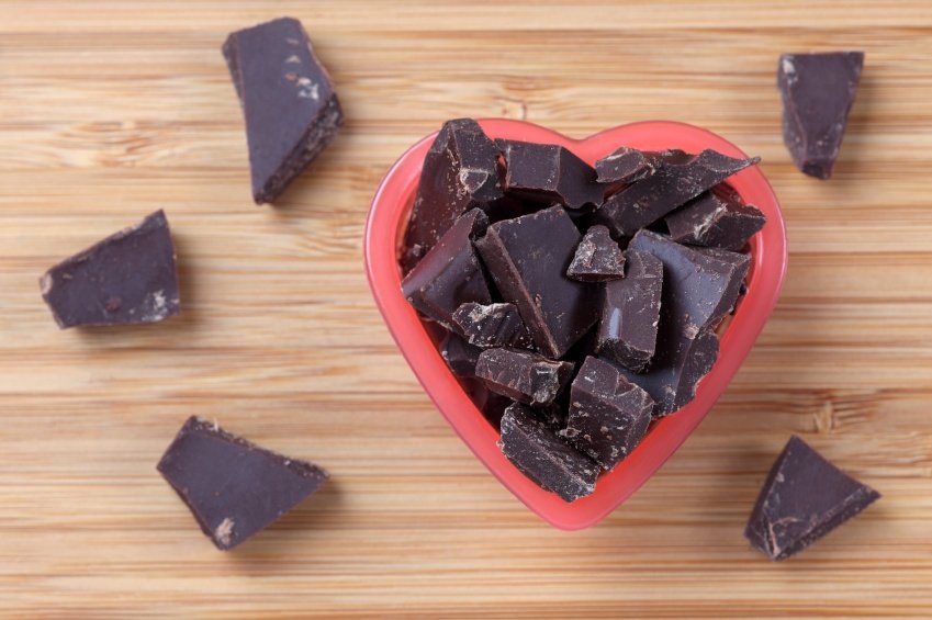 Pieces of dark chocolate in a heart bowl