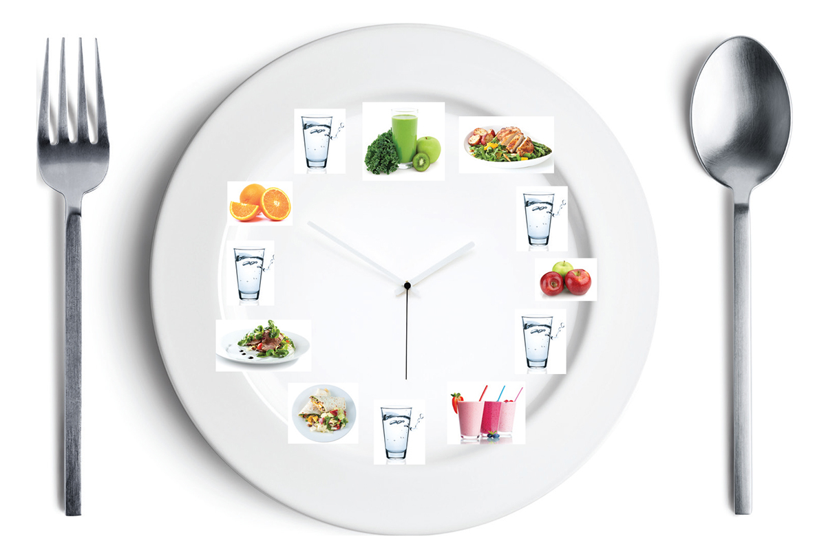 plate with food on it arranged like a clock