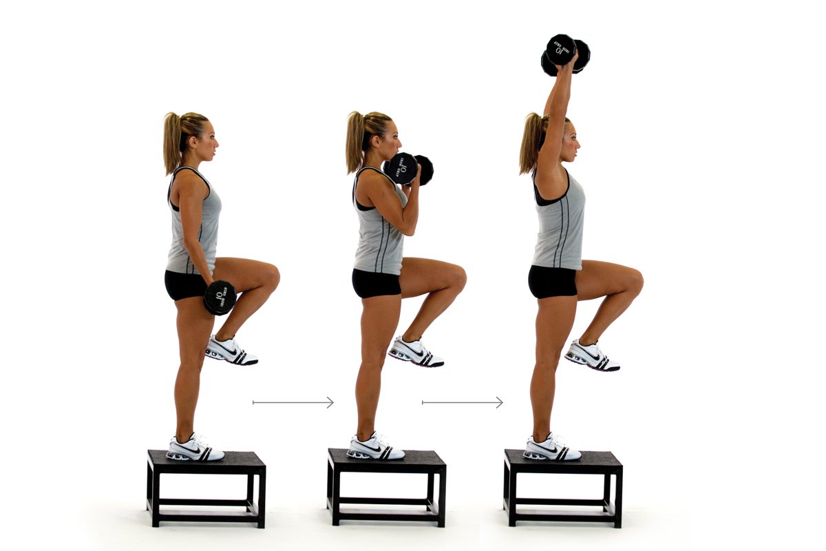 Step-up to Balance, Curl and Overhead Press